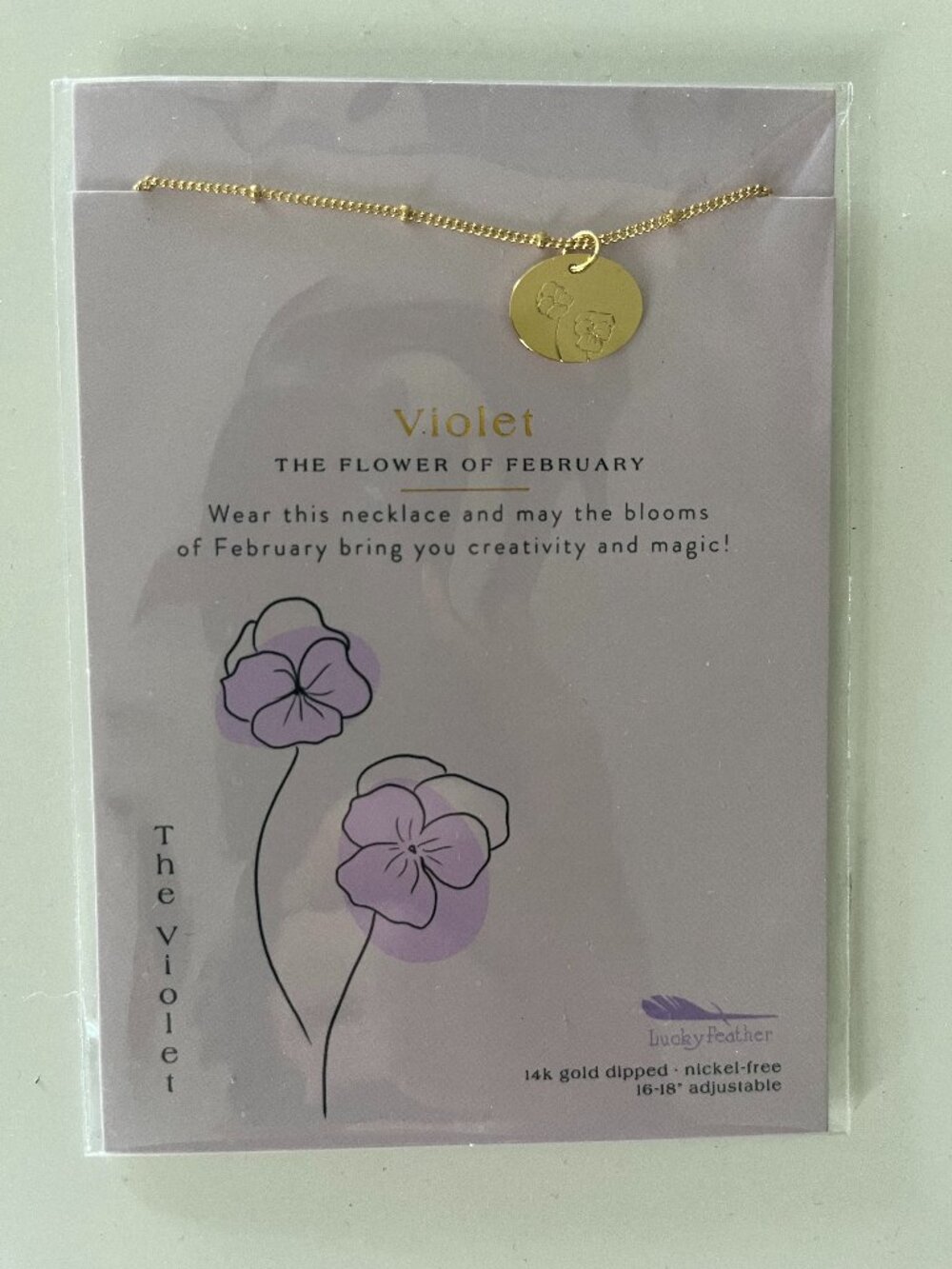 Lucky Feather February Violet Birth Flower Necklace 14K Gold-Dipped NWT